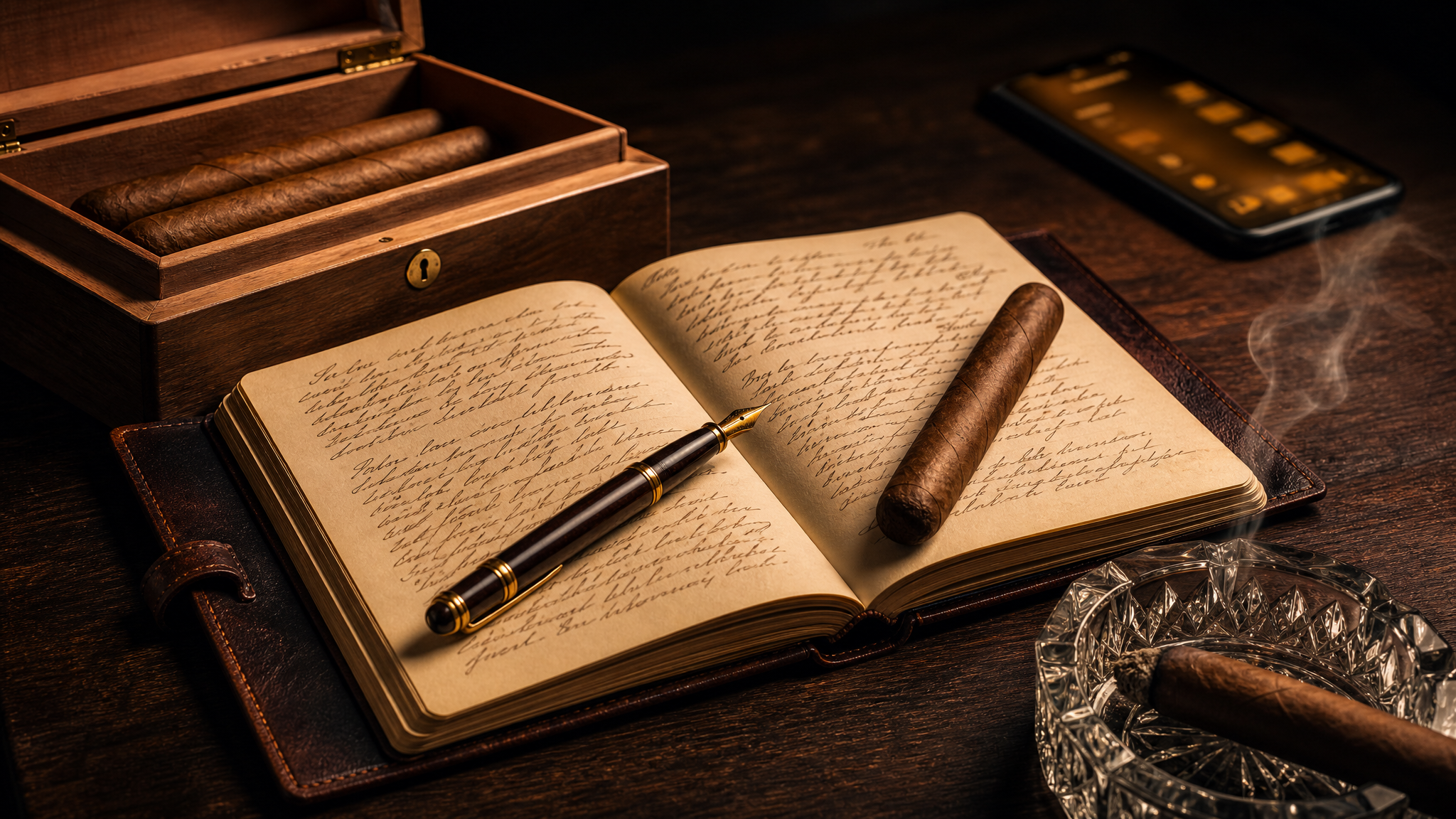 Cigar journal with fountain pen, lit cigar, and humidor - the modern cigar journaling experience